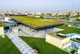 Buildings with extensive green roofs surrounded by lawn
