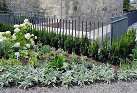 Hedging plants provide a border around the Comturey Tower