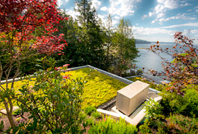 Sedum green roof framed by the surrounding vegetation and the Pacific Ocean