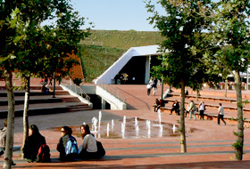 Pitched green roof and plaza