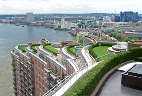 The cascading roof terraces of New Providence Wharf