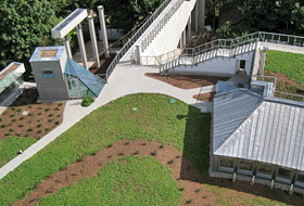 Pathways and grassy areas on top of a roof