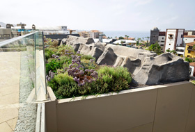Green roof with rocks and roof terrace